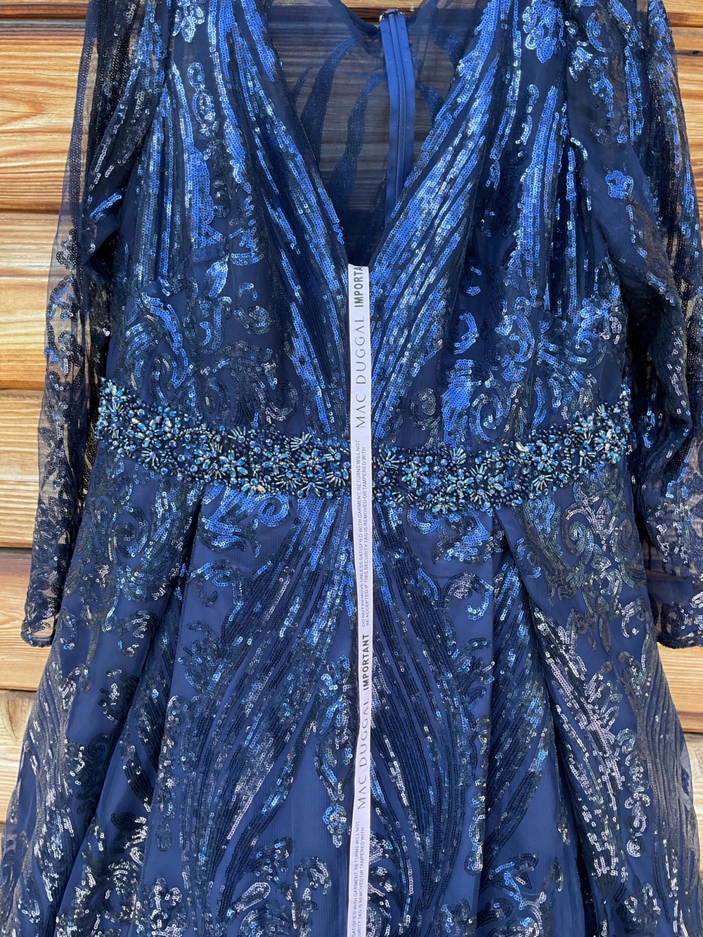 Mac Duggal Long Sleeve Embellished Evening Gown Midnight 18 Plus Size - Picture 8 of 11